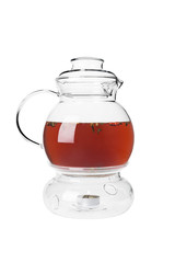 Glass teapot with tea isolated on white background