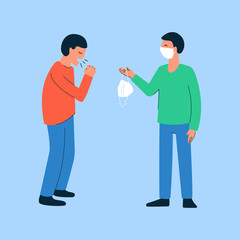 Obraz na płótnie Canvas Modern vector isolated illustration in flat style. Composition with people. Healthy smiling man giving mask to a coughing, sneezing man. Personal respiratory hygiene. Coronavirus COVID-19 quarantine