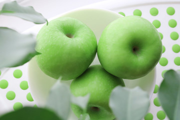 three green apples in a bowl next to green twigs