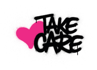 graffiti take care text with pink heart sprayed over white - obrazy, fototapety, plakaty