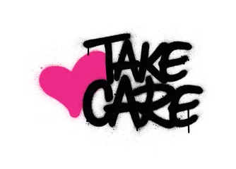 Foto op Plexiglas graffiti take care text with pink heart sprayed over white © johnjohnson