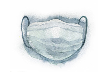 Medical mask isolated on the white background. Hand drawn textured watercolor illustration on paper