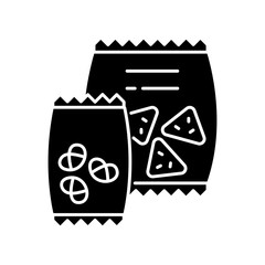 Snacks black glyph icon. Potato chips in bag. Salty crackers in packet. Junk food. Unhealthy snacks. Crisp pretzel in package. Silhouette symbol on white space. Vector isolated illustration