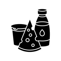 Dairy black glyph icon. Cheese slice. Milk in glass bottle. Yogurt in plastic container. Healthy and nutritious eating. Silhouette symbol on white space. Vector isolated illustration