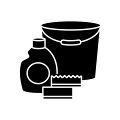 Cleaning supplies black glyph icon. Detergent for sanitation. Disinfectant in bottle. Bucket for washing. Chemical agent for housework. Silhouette symbol on white space. Vector isolated illustration