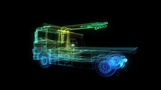 Tow car. Glow points and line formation of tow truck. 4k animation. Breakdown crane with with a platform for transporting cars. Digital technology visualization of 3d.