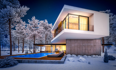 3d rendering of modern cozy house on the hill with garage and pool for sale or rent with beautiful landscaping on background. Cool winter night with warm cozy light inside.