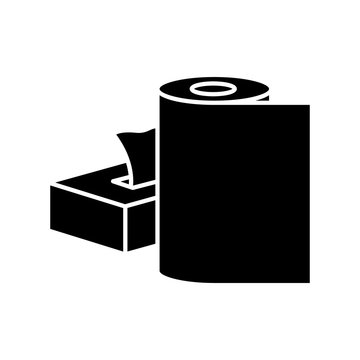 recommend clip art: Paper products black glyph icon. Disposable tissues in box package. Toiletries and tablecloth. Clear wipe. Domestic paper towels in roll. Silhouette symbol on white space. Vector isolated illustration