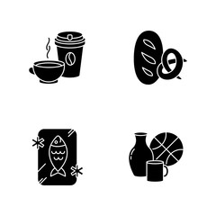 Foods and goods black glyph icons set on white space. Coffee in disposable cup. Black tea in mug. Frozen fish. Preserved seafood. Miscellaneous items. Silhouette symbols. Vector isolated illustration