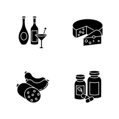 Grocery items black glyph icons set on white space. Wine and spirits. Alcoholic drinks in bottles. Meat sausages. Pharmaceutical products. Silhouette symbols. Vector isolated illustration