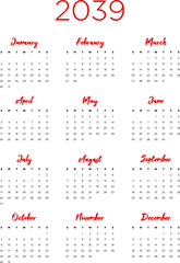 Annual calendar in A4 format for 2039 year