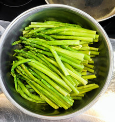 asparagus in saucepan. Healthy eating concept. Top view.