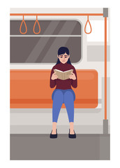 Woman reading in train semi flat vector illustration. Female reader holding book in public transport. Student with notebook sit in commuter. Metro passenger 2D cartoon characters for commercial use