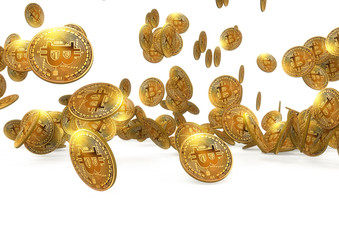 A 3D rendering image of glod bitcoin group falling down on the white floor