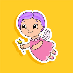 Fairy godmother flies and holds a magic wand. Bright color sticker. Cartoon character. Vector illustration. Design element. With white contour.