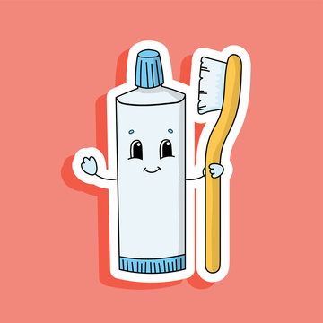 recommend clip art: Toothpaste Tube With Toothbrush. Bright color sticker. Cartoon character. Vector illustration. Design element. With white contour.