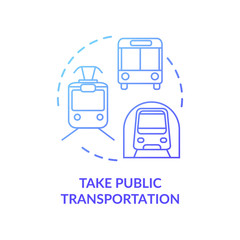 Take public transportation blue concept icon. Subway tram. Street bus. Urban trip. Undeground commuter. City transit vehicles idea thin line illustration. Vector isolated outline RGB color drawing