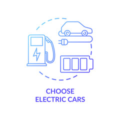 Choose electric cars blue concept icon. Charge automobile battery on station. Sustainable consumption. Alternative transport fuel idea thin line illustration. Vector isolated outline RGB color drawing