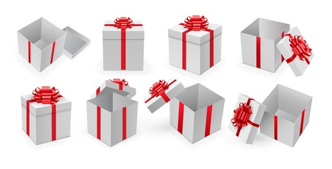 Gift box. Open present box with red ribbon and bow vector. Surprise gift box set for birthday or christmas holiday concept. Isolated wrap set with realistic giftbox template. Empty surprise pack set.