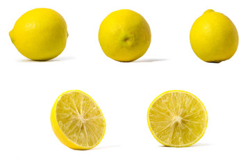 Picture of yellow lemon sliced in half and not halved with a multi-directional perspective on a white background