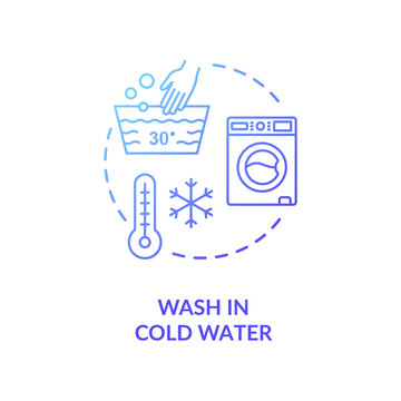 Wash In Cold Water Blue Concept Icon. Low Temperature For Laundry. Washing Machine For Clothes. Resource Saving Idea Thin Line Illustration. Vector Isolated Outline RGB Color Drawing