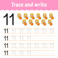 Trace and write. Number 11. Handwriting practice. Learning numbers for kids. Activity worksheet. Cartoon character.