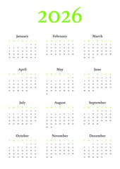 Annual calendar in A4 format for 2026 year