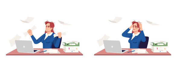 Stressed businesswoman flat vector illustrations set. Angry and crying office worker isolated cartoon characters kit. Stress management, anger control. Overworked lady, burnout, emotional breakdown