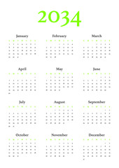 Annual calendar in A4 format for 2034 year