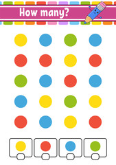 Counting game for children. Happy characters. Learning mathematics. How many object in the picture. Education worksheet. With space for answers. Isolated vector illustration in cute cartoon style.