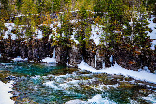 Fathead River in Montana in winter with snow and ice 