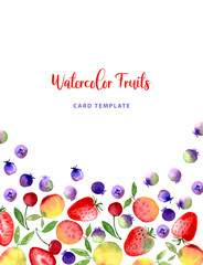 Watercolor fruit berry frame border card. Strawberry, blueberry, cherry, apricot, peach fruits. Modern color trendy template for label, banner, card design, poster, cover print