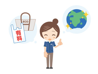 人物＿地球とエコバック_コンビニ店員＿女性