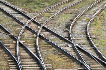  Intersection of two double-track tram lines. Copy space.