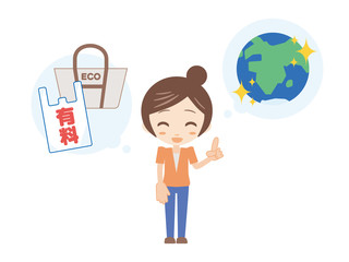 人物＿地球とエコバック_女性＿オレンジ