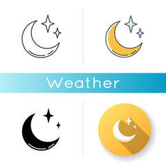 Clear night sky icon. Linear black and RGB color styles. Meteorology, weather forecasting science. Sky clarity prediction. Crescent, half moon with shiny stars isolated vector illustrations