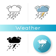Obraz premium Thunderstorm icon. Linear black and RGB color styles. Bad weather, meteo forecast. Strong atmospheric precipitation, rainstorm. Raining cloud with lightning isolated vector illustrations
