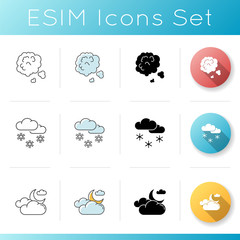 Meteorology icons set. Linear, black and RGB color styles. Weather forecasting, sky clarity and seasonal precipitation. Dust in air, scattered snow and cloudy night sky. Isolated vector illustrations