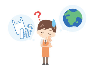 人物＿地球とプラごみ＿はてな_スーパー店員＿男性