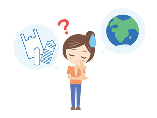 人物＿地球とプラごみ＿はてな_女性＿オレンジ