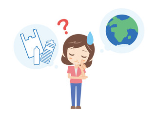 人物＿地球とプラごみ＿はてな_女性＿ピンク