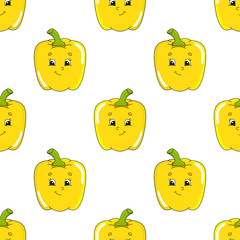 Colored cartoon seamless pattern. Vegetable pepper. Cartoon style. Hand drawn. Vector illustration isolated on white background.