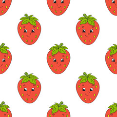 Colored cartoon seamless pattern. Berry strawberry. Cartoon style. Hand drawn. Vector illustration isolated on white background.