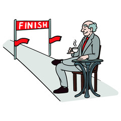 a businessman rests after work and drinks tea after the finish line. comic, corporate management.