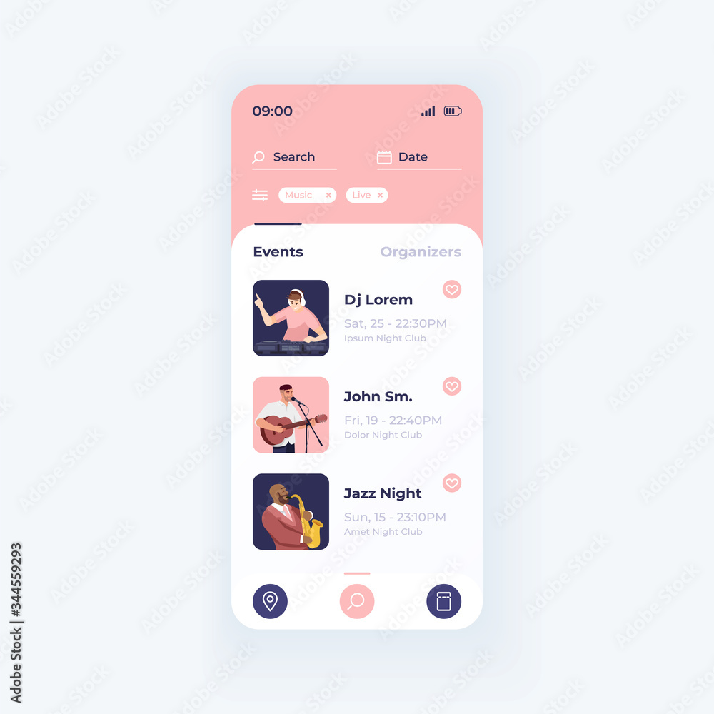 Poster entertainment events searching application smartphone interface vector template. mobile app page lig