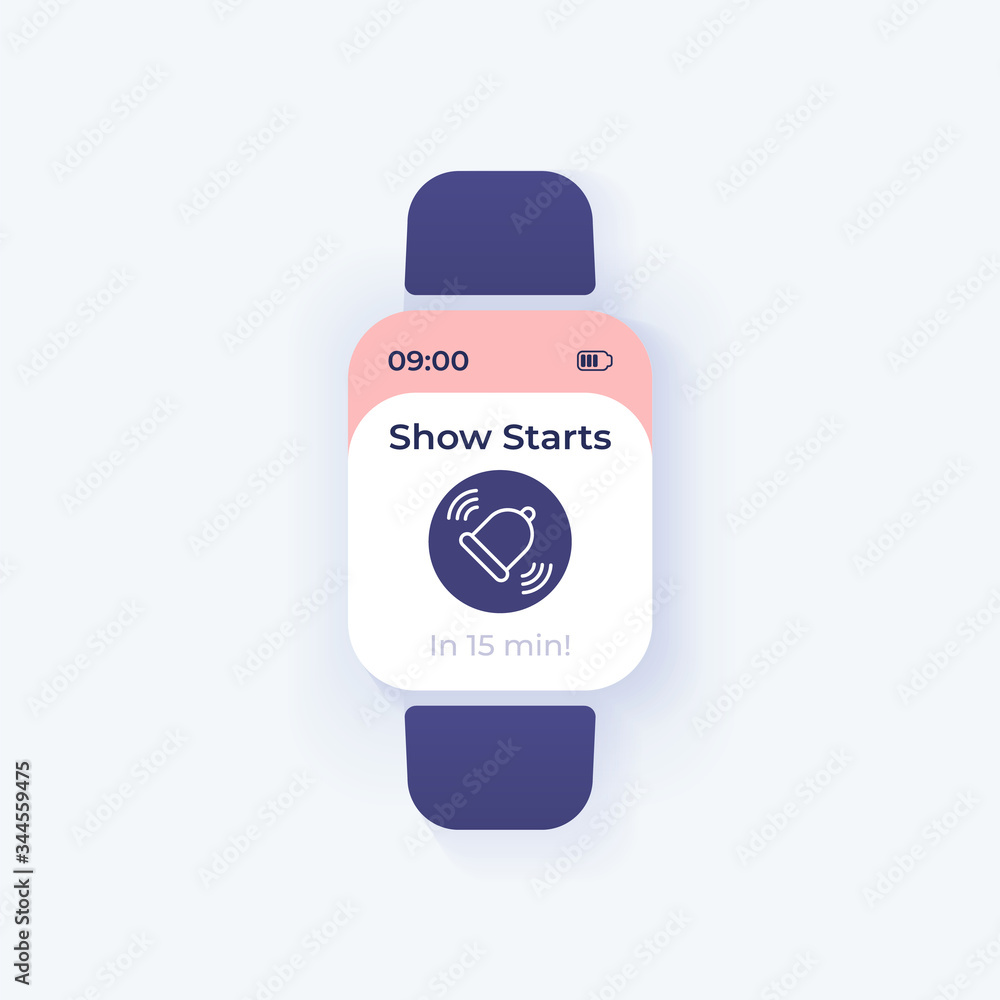 Poster show start warning smartwatch interface vector template. mobile app notification day mode design. re