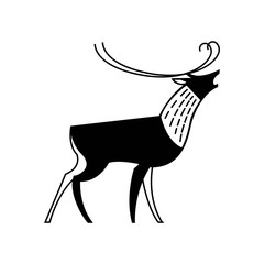 Black and white drawing of a reindeer howling. Logo, badge, badge, emblem, label.