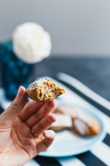 Madeleine cookies with nuts and icing sugar - 344559604