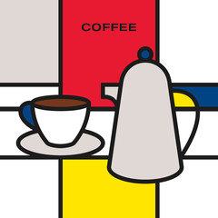 Coffee cup with saucer and coffee pot. Modern style art with rectangular colour blocks. Piet Mondrian style pattern.