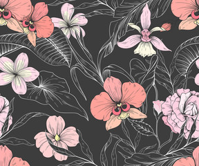 Seamless pattern with pink tropical flowers